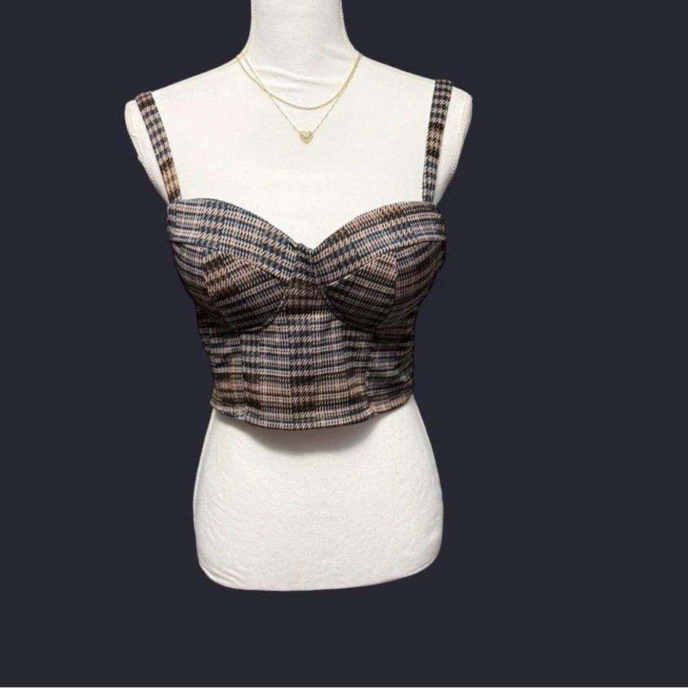 Haute Monde Plaid Bustier Crop Top in Brown, Black and Teal